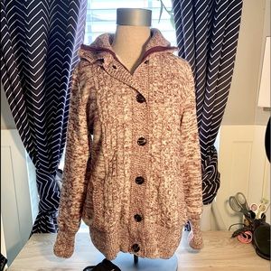 Cream and Maroon Sweater Medium Faux Fur Hooded - Pre-loved
